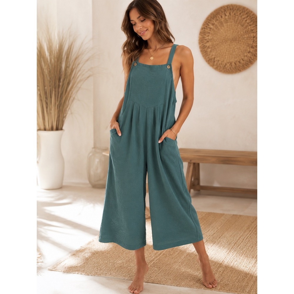 Jumpsuit Women Large Green Textured Wide Leg Bib Overalls